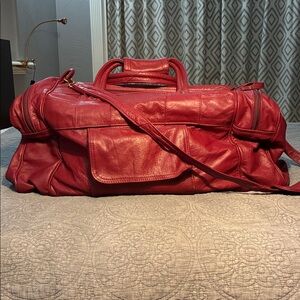 Vintage Red Maroon Pieced Patchwork Leather Duffel Shoulder Bag